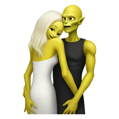 Alien reptilian woman in yellow dress, and, human white skin man in black dress, hugging sticker