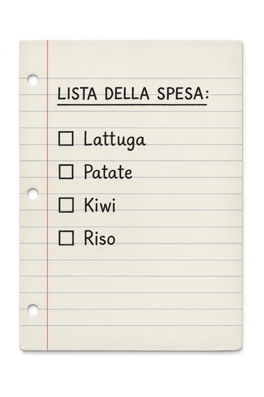 FOGLIO DI CARTA A RIGHE CON LISTA DELLA SPESA SCRITTA A PENNA:
"LISTA DELLA SPESA:
- Lattuga
- Patate
- Kiwi
- Riso", iperealistico 4k sticker