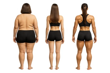 fai una donna di spalle in gym shorts leggermente sovrappeso e con cellulite e accanto una seconda donna di spalle magra (che è dimagrita post dieta) e accanto una terza donna in forma allenata e con le giuste proporzioni, l'immagine deve rappresentare il processo: da donna grassa, a donna piatta e magra, a donna allenata e in forma con i giusti muscoli, iperrealistico 4k sticker