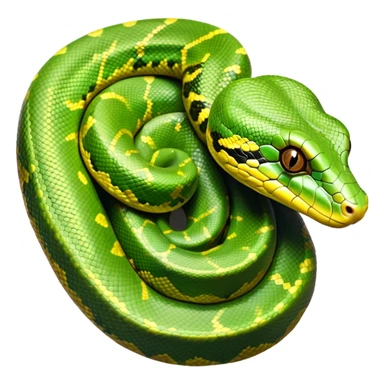 cinematic-green tree python-realistic-full-body-coiled-emoji,-thick-scaled-body-looped-tightly,-intricate-brown-and-gold-patterned-scales-reflecting-light,-head-tilted-dramatically,-slitted-eyes-staring-calmly,-simplified-yet-realistic-focused-feature sticker