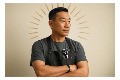 shu pozada turgan faqat o'ng tarafga qarab turgan sartarosh ustani tasvirlab ber realistik uslubda yoshi kattaroq soqol shart emas va osiyolik erkak  sticker