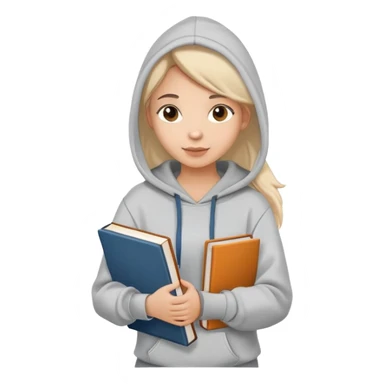 woman college student with a tote bag over her shoulder and a book in one hand. The student wears a hoodie. Clean cartoon style, white background, iOS emoji aesthetic. sticker