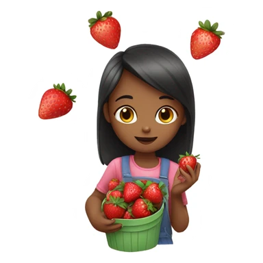 a girl eating strawberry and carring a kitten sticker