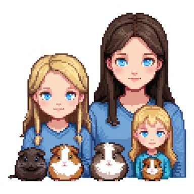 Family portrait with father with dark brown hair and blue eyes, mother with light brown hair and blue eyes, three blonde little girls with blue eyes, plus a grey cat and two guinea pigs sticker