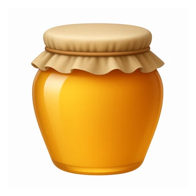 Create an emoji with no face that looks exactly like the reference image. The style should be iOS emoji style: 3D, shiny, smooth gradients, soft shadows, realistic honey jar shape with a cloth lid, no face. Add a subtle highlight to the glass. sticker