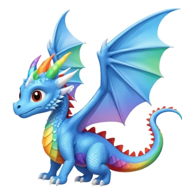 cute baby blue dragon with light blue body, big white wings, white horn, tail with white triangle tip, flying in side view, big eyes, small size, dragon ridge along back with small ridges in rainbow order: red, orange, yellow, green, blue, purple, ending at start of tail sticker