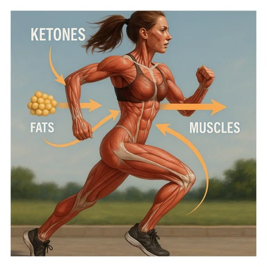 slim woman in 4K running with anatomical overlay showing muscles using ketones, arrows indicating energy flow from fats to muscles sticker