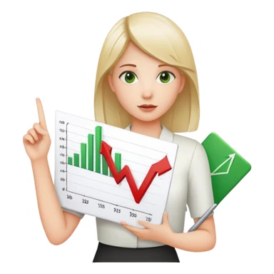 Girl holding chart with rising green graph line in right hand and holding another chart with falling red graph line in left hand sticker