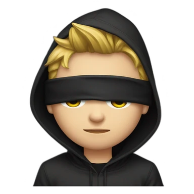 Young gamer with a black hood behind his computer sticker