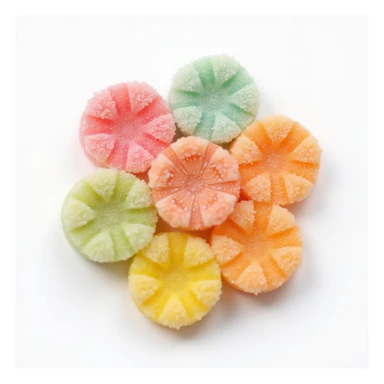 realistic multicolor flower-shaped candy, isolated on a transparent background, no visible background sticker