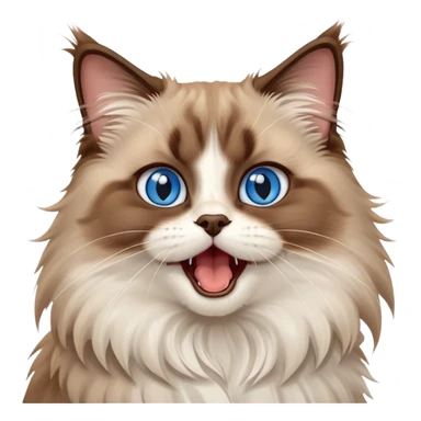 cinematic-adorable-big-eyed-fluffy-brown ragdoll-cat-portrait-emoji,-head-tilted-playfully-with-a-cute,-yawn,-white and brown fur,-simplified-yet-irresistibly-cute-features, blue eyes sticker