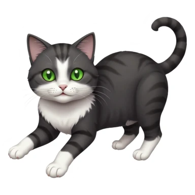 beautiful female solid dark grey cat with green eyes, white toes/paws and white patch on her chest playfully rolling upside down sticker