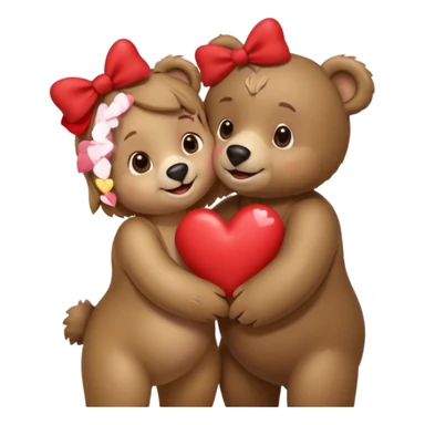 female bear with bow on her head and male bear hugging, couple, surrounded by hearts, playful and loving, cute, same height  sticker
