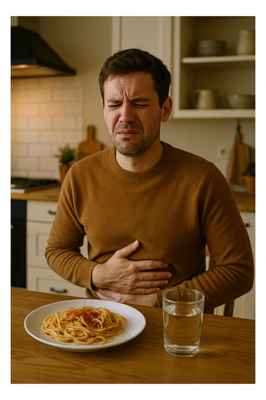 a man sits at a dining table, looking uncomfortable and holding his stomach after eating a plate of pasta. His expression shows mild pain or bloating. On the table, there’s a half-eaten plate of spaghetti, and a glass of water. The background is a cozy kitchen, but the focus is on the man’s discomfort.

 sticker