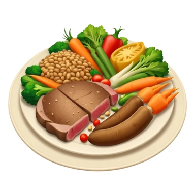 бела тарелка с едой разделена по методу тарелки, на половине лежат овощи, по четверти на ней мясо и крупа sticker