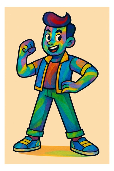 Make the man's skin colorful, with vibrant, lively hues and a playful, artistic look, keeping the energetic style and expression. sticker