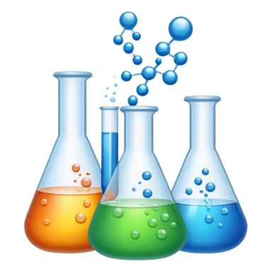 An icon featuring laboratory flasks with tubes, symbolizing chemistry. The design includes liquid and powder substances, a chemical reaction with bubbles, and molecular formulas, representing chemical processes like hydrolysis. Transparent background sticker