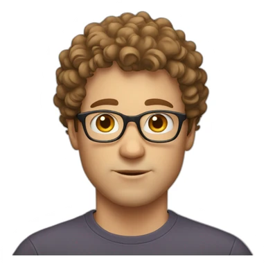 white man with short brown curly hair wearing dorky tshirt sticker