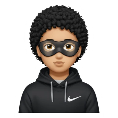 Blasian teenager wearing a hoodie with black curly hair and nike ski mask sticker