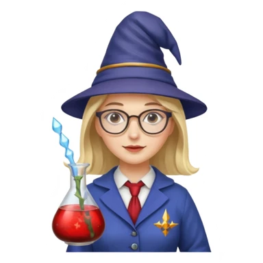 woman scientist with glasses, wearing wizard hat custome, with glass vase, red sticker