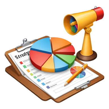 An icon featuring a pie chart, a megaphone, and a clipboard with strategy plans, symbolizing management and marketing. The design includes upward-trending graphs set against a modern office backdrop. Transparent background emphasizes business strategy and communication. sticker