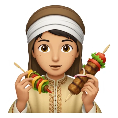 young Lebanese person in traditional arabic outfit eating kebab sticker