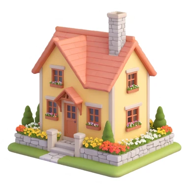 3D house cozy cottage style, chimney, flower boxes, stone details sticker