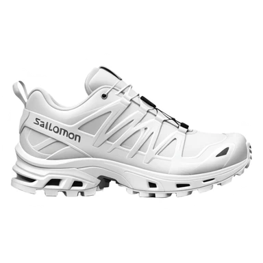 Completely all-white Salomon XT-6 shoes with no colored details whatsoever, one positioned behind the other, pure white minimalist design, iOS emoji style sticker