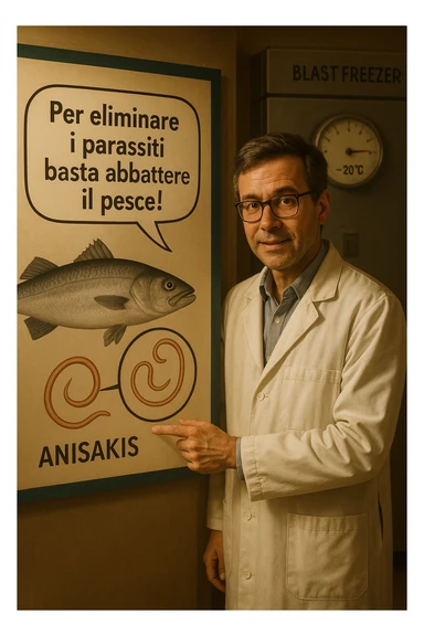 cinematic a scientist in a white lab coat stands beside a large poster showing a fish and a diagram of the Anisakis parasite. The scientist points to a speech bubble that says, “Per eliminare i parassiti basta abbattere il pesce!” In the background, a blast freezer is visible, with a temperature gauge set to -20°C. The mood is informative and reassuring. In italiano sticker
