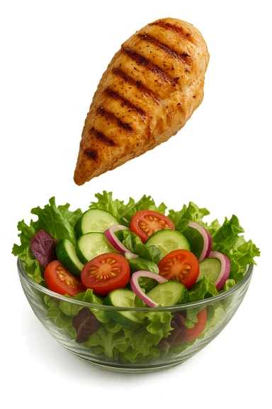INSALATA CON PETTO DI POLLO GRIGLIATO CHE CADE DALL'ALTO, IPERREALISTICO 4K sticker