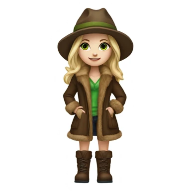 Realistic White girl with Long straight blonde hair, green eyes, tattoos, full body wearing Brown fur coat and fur hat and Brown leather boots, walking sticker