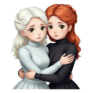 two Victorian women with light eyes, one with bright white coiffed hair and one with dark copper coiffed hair, wearing Victorian turtleneck dresses, embracing in a sad, intimate hug sticker