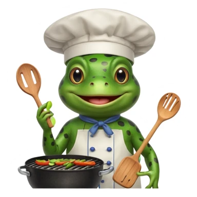 create a weber grill with frog whos wearing chefs hat and cooking on bq sticker