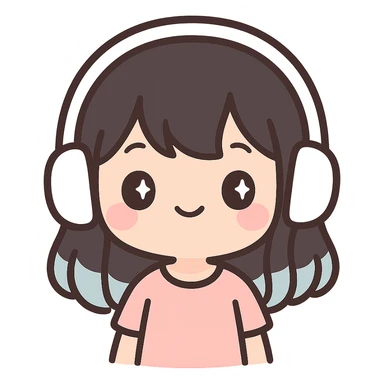 girl with medium black hair with blue tips wearing white headset, kawaii style sticker