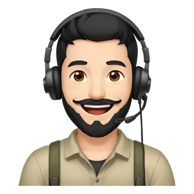 anime style laughing man with black hair, brown eyes, black beard wearing gaming headset sticker
