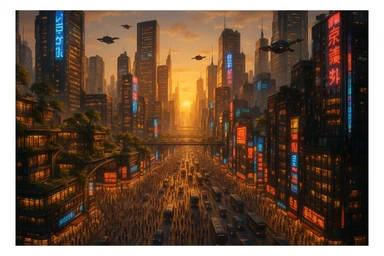 A stunning 4K ultra-detailed image of a gigantic futuristic city during golden hour, filled with thousands of people, busy streets packed with cars and buses, towering skyscrapers with glowing windows, vibrant neon signs, flying drones, and warm sunlight casting long shadows. Lush rooftop gardens and elevated walkways weave through the cityscape. A sense of life, motion, and scale—hyper-realistic, cinematic view from a high angle sticker