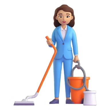 light-skinned woman in a light blue suit cleaning sticker