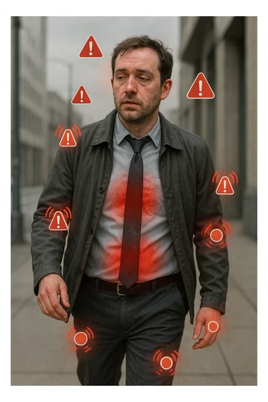 Uomo di circa 35 anni in giacca e cravatta, cammina deciso mentre il suo corpo invia segnali visibili: zone arrossate su addome, testa e articolazioni, occhi stanchi, pelle spenta. Intorno a lui appaiono simboli di allarme (come piccole icone rosse di dolore o stanchezza), ma lui guarda altrove con espressione indifferente o distratta. Sfondo urbano, giornata grigia, atmosfera di disconnessione mente-corpo. Stile realistico con accenti metaforici. sticker