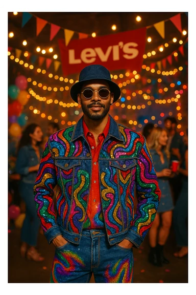 A fashionable man in dazzling, unique attire at a Levi's-themed party, featuring bold patterns, denim jacket, and lively party background. sticker