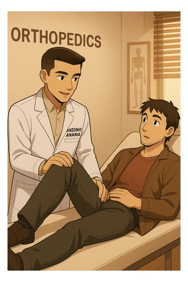 fai un webtoon manga a colori con questo stile, in cui un uomo è steso sul lettino medico e il kinesiologo con il camice bianco (fagli anche la scritta "ANTONIO ANANIA" SUL CAMICE, gli solleva una gamba per fargli il test neuromuscolare, IL KINESIOLOGO SPIEGA ALL'UOMO UNA cosa mentre gli alza la gamba. non fare i fumetti però, fai solo in modo che sembri stiano parlando sticker