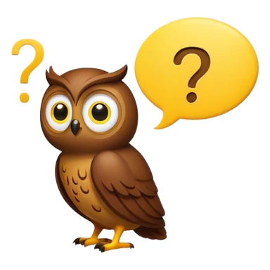 Small all Brown owl looking at a yellow question mark inside a thought bubble sticker