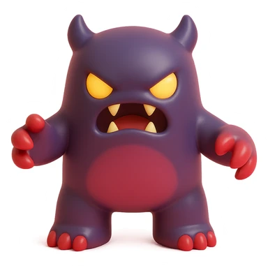 angry monster with sharp claws, glowing eyes, fierce snarl, dark purple and red palette sticker