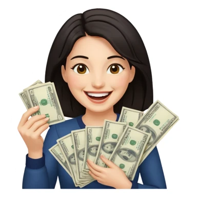 laughing dark haired woman holding lots of money sticker