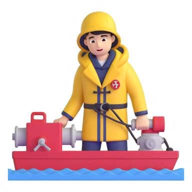 Close-up of sailor in raincoat operating winch to retrieve sediment samples from rough sea sticker