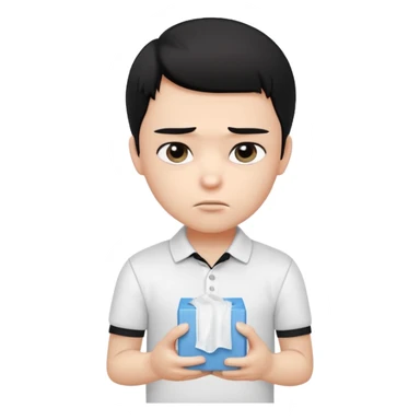 generate a pretty bratz boy with black hair, wearing a white polo shirt. Looking sad, holding a box of tissues sticker