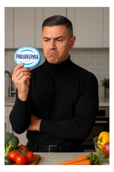 a man stands in his kitchen, holding a tub of Philadelphia Light cream cheese in one hand. He looks at it with a skeptical, slightly disapproving expression, eyebrows furrowed and lips pursed. The background shows a modern kitchen with healthy food options visible on the counter, emphasizing his awareness of better choices. The mood is reflective and subtly critical. sticker