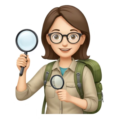 Happy woman hiker in her 40s with glasses and backpack, holding exactly one magnifying glass in one hand only sticker