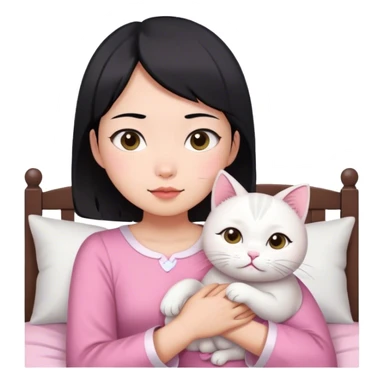 Short hair Asian girl wake up with white cat in pink dress  sticker