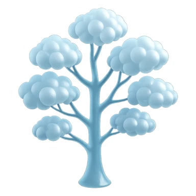 one tree with many branches and a white trunk, crown made of small very bright white fluffy convex clouds, matte glass style sticker