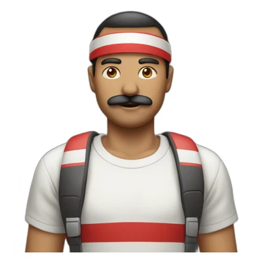 Madura man with red and white stripe t short and moustache sticker